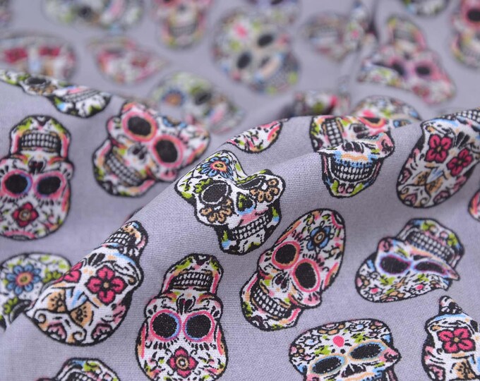Cotton fabric with skulls, grey, pink, black, patchwork fabric - 140 cm wide - smooth, patterned fabric