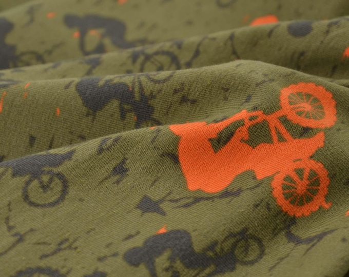 Children's jersey, cotton, patterned, orange, green, bicycles - 150 cm wide - smooth, patterned fabric