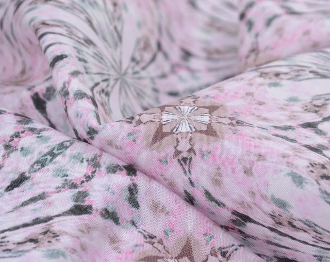 Cotton fabric with floral, batik, white, green, grey, pink, patchwork - 145 cm wide - smooth, patterned fabric