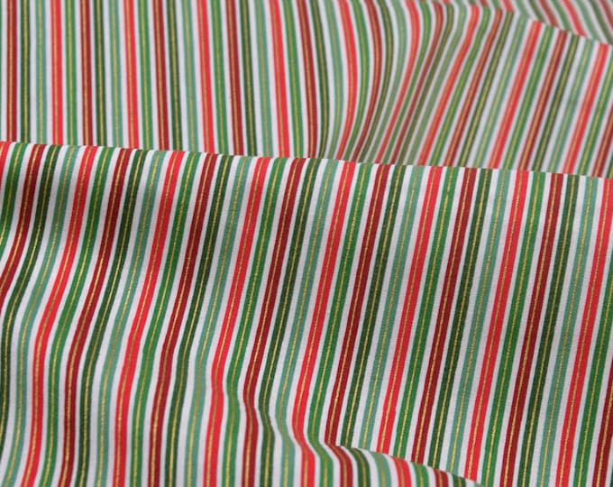 Christmas-themed cotton fabric with green and gold stripes by Makower - 113 cm wide - smooth fabric, Christmas
