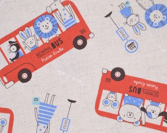 Canvas Scholl Bus Animals red blue children's fabric Kokka Echino