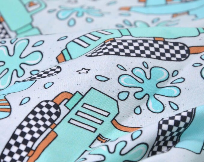 Plitsch-Platsch sweatshirt fabric by Hilco, cotton, water pistol design - 145 cm wide - matte, patterned fabric