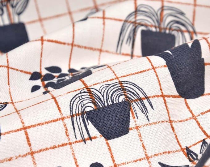 Cotton fabric flower pots, checkered, beige, brown, black - 110 cm wide - smooth, patterned fabric