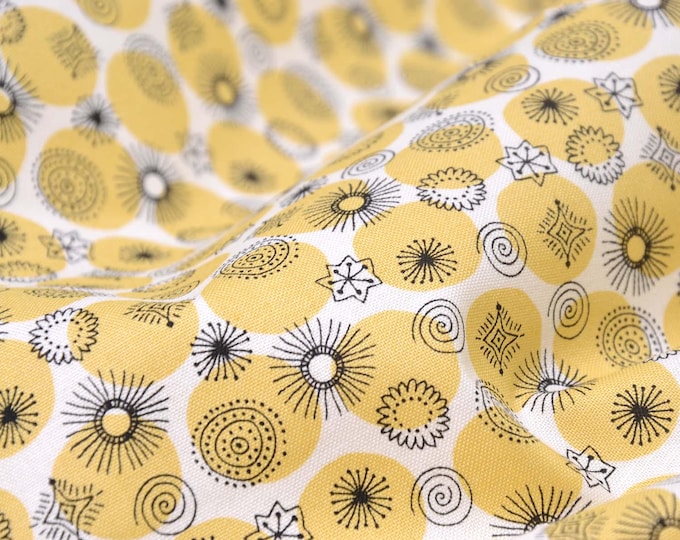 Cotton fabric with circles, flowers, suns, yellow, white, black - 110 cm wide - patterned fabric with circles