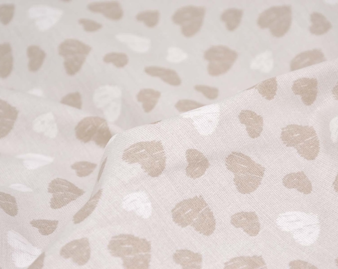 Cotton fabric with hearts, beige, white, patchwork fabric, extra wide - 295 cm wide - smooth, patterned fabric