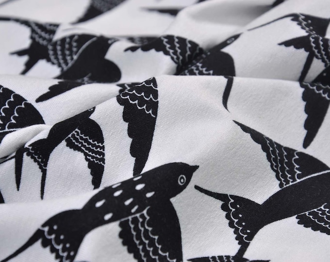 White viscose jersey with black birds, T-shirt, dress - 150 cm wide - smooth fabric, animals