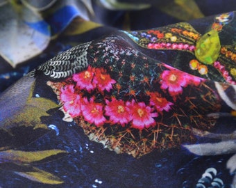 Dark blue stretch silk fabric with floral print, glossy - 125 cm wide - shiny patterned fabric