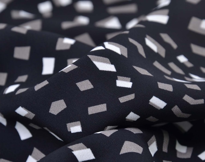 Blouse fabric in black with rectangles in beige, white - 145 cm wide - smooth fabric, geometric pattern