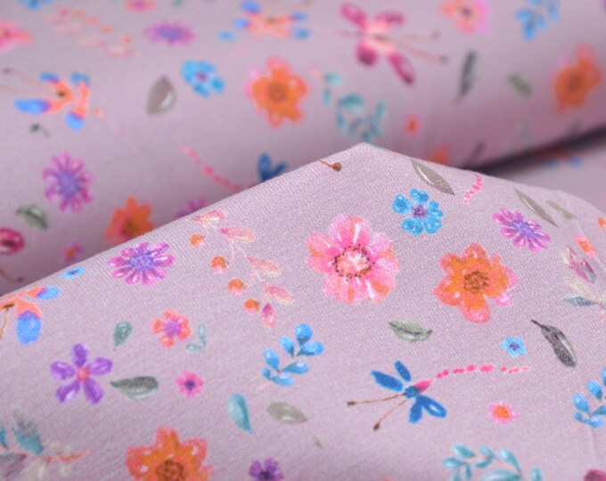 Jersey cotton in old pink with small, colorful flowers - 150 cm wide - smooth patterned fabric