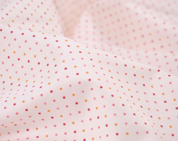 Cream-colored cotton fabric with red, orange, and pink polka dots by Makower - 113 cm wide - smooth fabric with polka dots