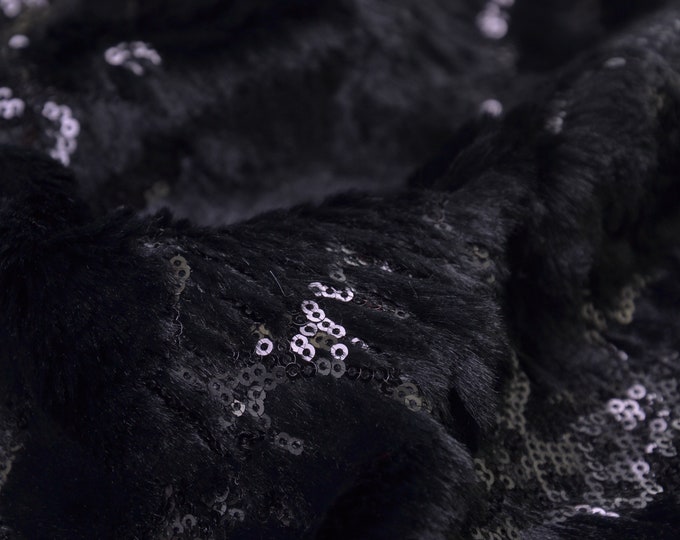 Designerstoff Fell mit Pailletten in schwarz für Mäntel, Jacken - 145cm breit - Stoff Pailletten / Perlen, UNI