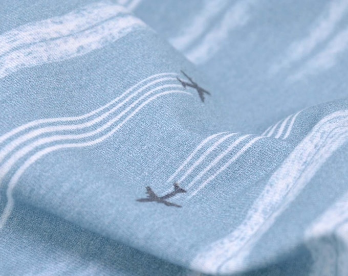 Children's jersey "Skylab" with stripes, airplanes by Hilco, blue, white - 150 cm wide - matt fabric, patterned