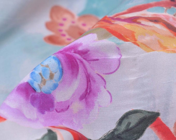 Silk with parrot, flowers, peacock, light blue, purple, pure silk - 135 cm wide - patterned fabric, animals