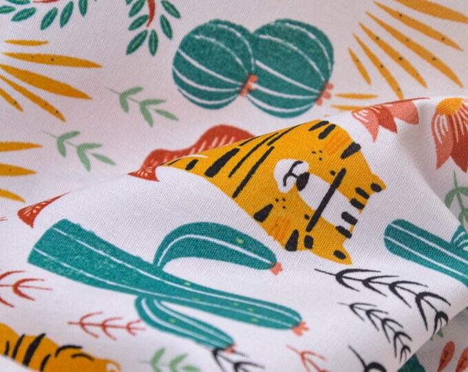 Baumwollstoff Popeline gemustert, Kaktus, Tieger, Blumen, Katia - 145cm breit - Stoff glatt gemustert