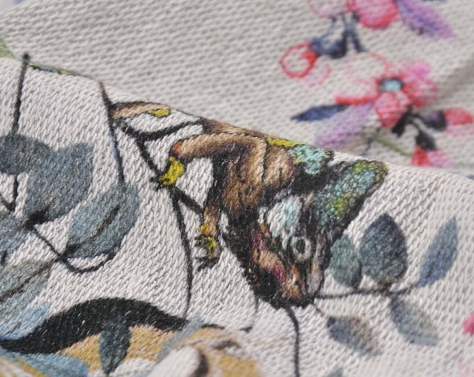 Light grey cotton sweatshirt with flowers and chameleon, pink, green - 150 cm wide - matte patterned fabric