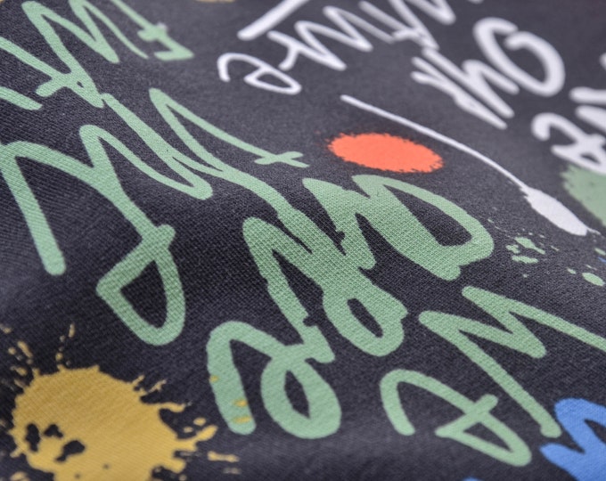 Sweatshirtstoff schwarz, mit Schrift, Graffiti Textures - 150cm breit - Stoff matt gemustert