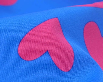 Broekstof met hartjes in blauwroze, patroon van stretch katoen - 145 cm breed - tweekleurige stof, patroon