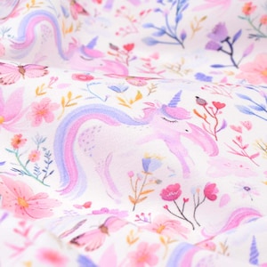 Children's jersey "Wonderland" with unicorn, flowers by Hilco, pink, purple - 150 cm wide - matte fabric, patterned