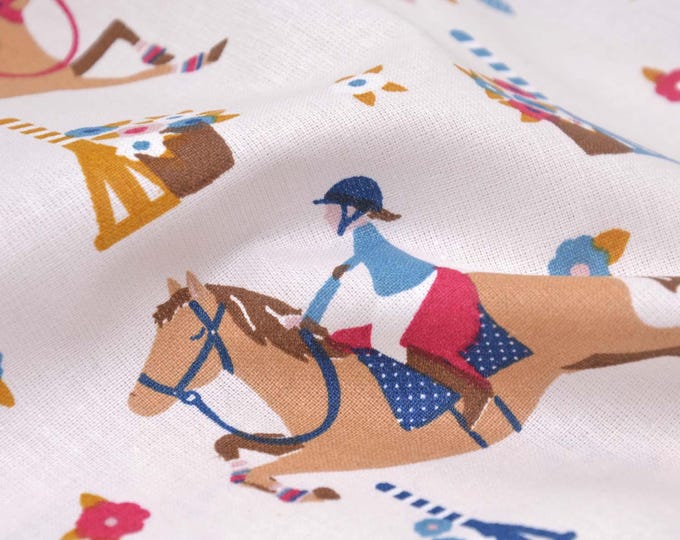 Cotton fabric with horses, equestrian tournament design, white, brown, blue, red, patchwork fabric - 160 cm wide - smooth, patterned fabric