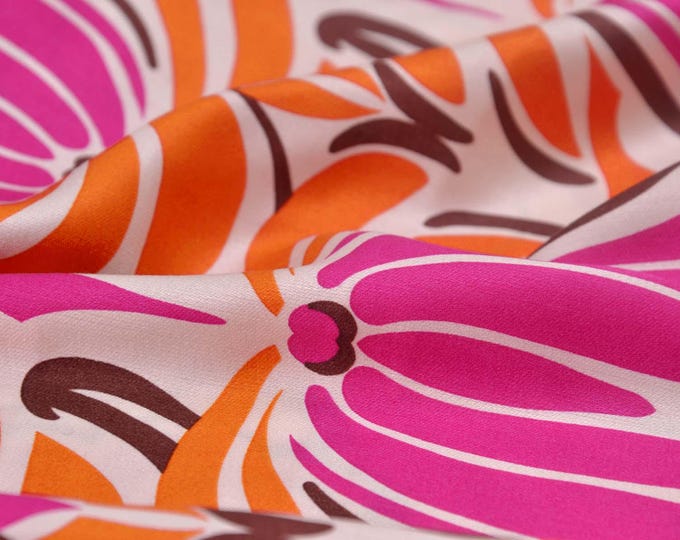 Viscose blouse fabric with flowers in pink, orange, beige, glossy - 145 cm wide - fabric slightly shiny, patterned
