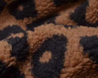 Fleece teddy fabric, teddy plush, teddy fur beige, black, leopard print - 155 cm wide - matte fabric, leopard print