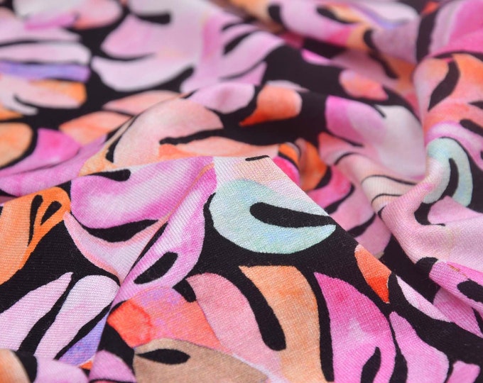 Jersey fabric made of viscose with leaves in pink, orange, and purple - 150 cm wide - smooth, patterned fabric