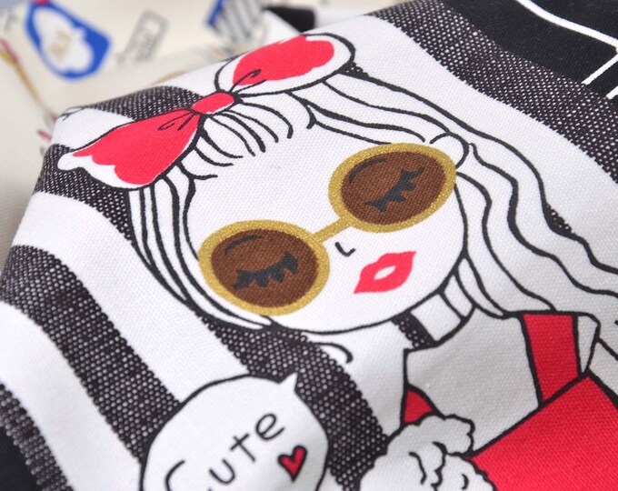 Canvas print for girls, panel print, black, white, blue, red, patchwork fabric - 110 cm wide - smooth, patterned fabric