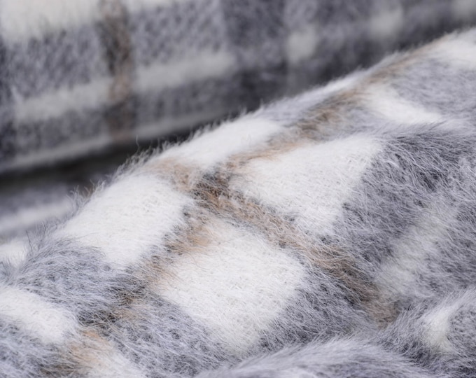 Coat fabric made of alpaca, virgin wool, check, grey, beige - 150 cm wide - fabric matt checks