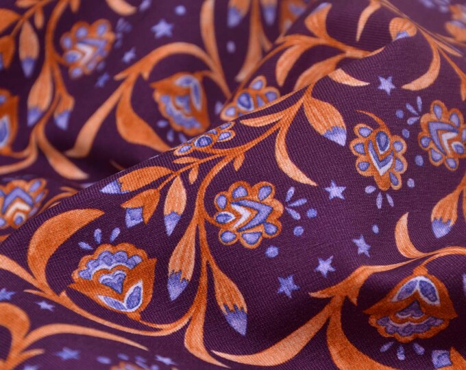 Children's cotton jersey in purple with flowers and vines by Hilco - 150 cm wide - smooth, patterned fabric