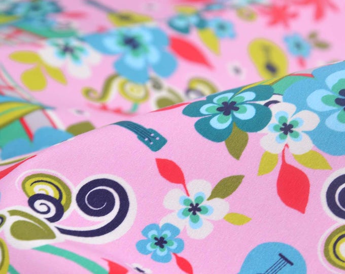 Children's jersey with flowers, buses, and guitars, in pink, blue, and green, made of cotton - 150 cm wide - matte, patterned fabric