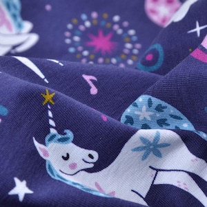 Children's jersey purple with unicorn, rainbow, clouds, pink, white - 160 cm wide - matt fabric, patterned