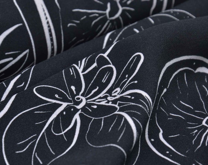 Black viscose blouse fabric with white fruit print by Hilco - 135 cm wide - matte, patterned fabric