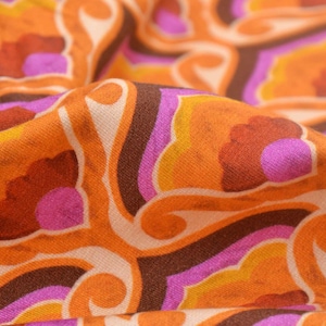Jersey fabric made of viscose with retro pattern in orange, purple, brown - 150 cm wide - shiny fabric, patterned