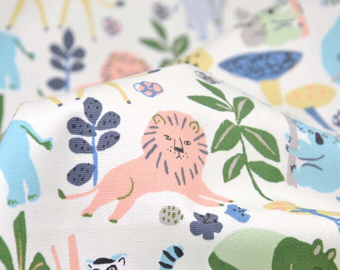 Canvas print of exotic animals, white, blue, yellow, grey, apricot - 110 cm wide - smooth fabric, animals