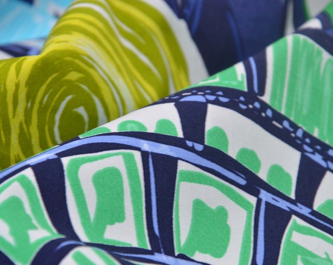 Cotton stretch trouser fabric, abstract, blue, green, yellow - 135 cm wide - smooth, patterned fabric