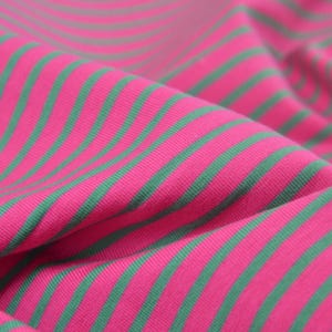Children&#39;s jersey in pink with green stripes made of cotton - 145 cm wide - fabric matt, stripes