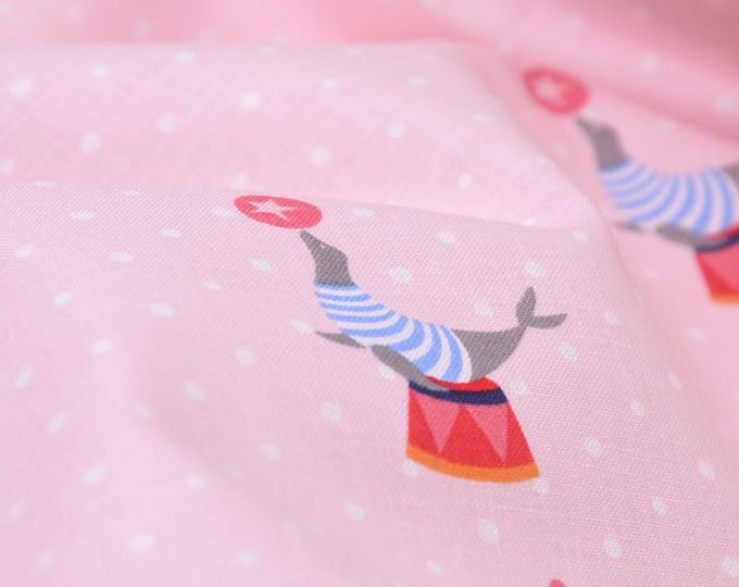 Cotton fabric with seals, circus, polka dots, pink, white, grey, blue, red - 145 cm wide - patterned fabric, animals