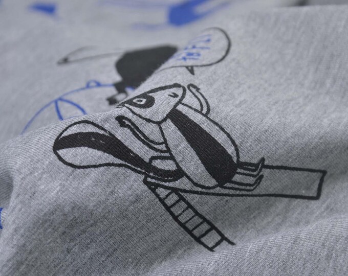 Children's jersey in light grey with blue and black animals, made of cotton - 150 cm wide - fabric matt, animals