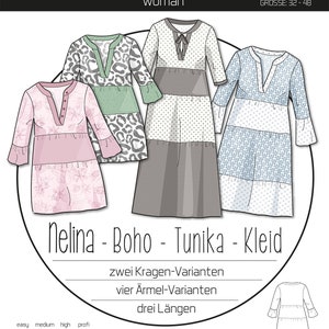 Könnte beinhalten: Ein Schnittmuster für ein Boho-Tunika-Kleid mit drei verschiedenen Längen, zwei Kragenvarianten und vier Ärmelvarianten. Das Schnittmuster enthält Anleitungen und Illustrationen zum Nähen des Kleides. Das Schnittmuster ist in den Größen 32 bis 48 erhältlich.