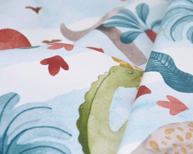 Children's jersey fabric, white with dinosaurs and plants, green, blue, red, made of cotton - 150 cm wide - patterned fabric, animals