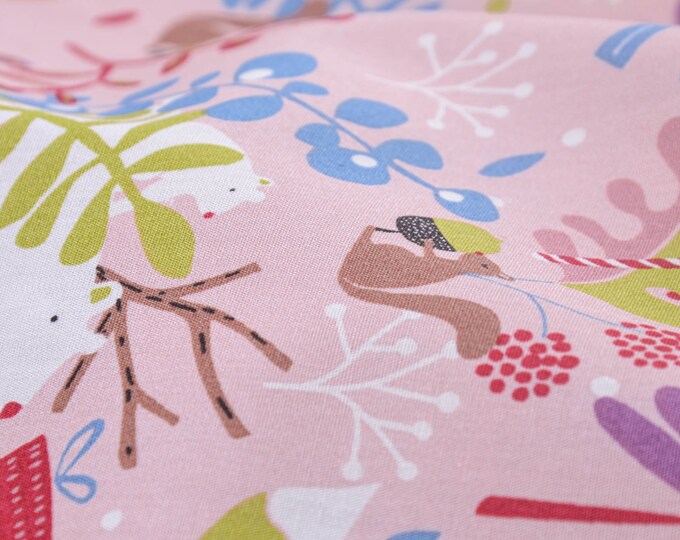 Baumwollstoff Herbst, Eisbär, Blätter, rosa, lila - 145cm breit - Stoff matt Tiere