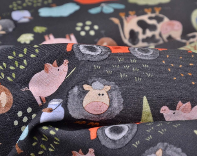Children's cotton jersey in grey, farm, pigs by Hilco - 150 cm wide - smooth fabric, animals