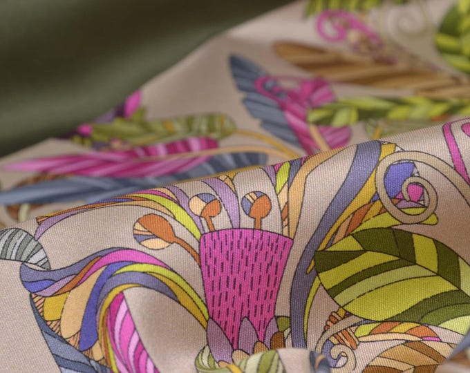 Blouse fabric, 90 cm repeat, palm trees, green, purple, orange - 140 cm wide - slightly shiny, patterned fabric