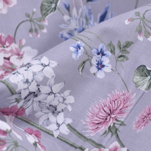 Cotton print flowers, hydrangeas, pink, green, grey - Gütermann
