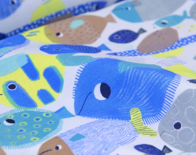 Children's jersey with fish, animals, maritime blue, green by Katia Fabrics - 145 cm wide - smooth, patterned fabric