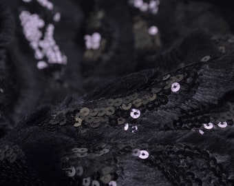 Designer fabric fur with sequins in black for coats, jackets - 145 cm wide - fabric sequins / beads, UNI