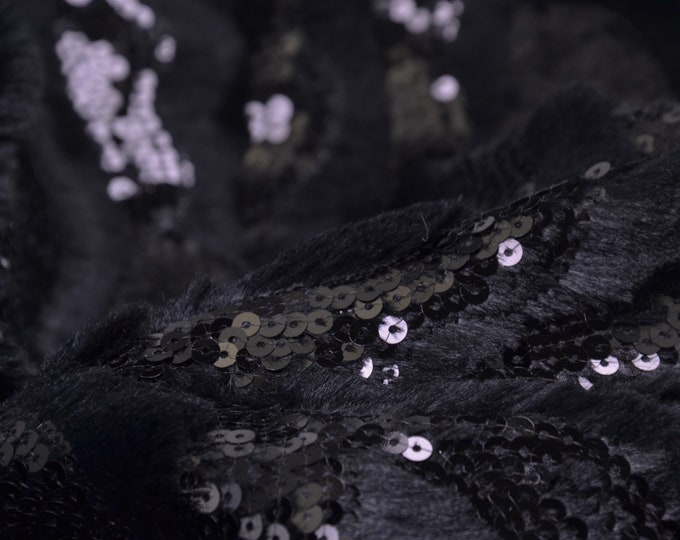 Designer fabric fur with sequins in black for coats, jackets - 145 cm wide - fabric sequins / beads, UNI