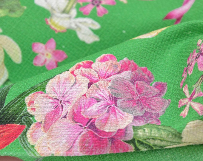 Leinenstoff Baumwolle mit Blumen in grün, rosa, pink - 130cm breit - Stoff glatt gemustert