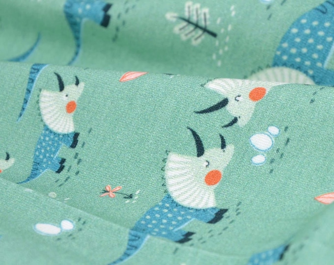 Children's jersey "Dino's World" made of cotton with dinosaurs by Hilco, green - 150 cm wide - matte fabric, animals