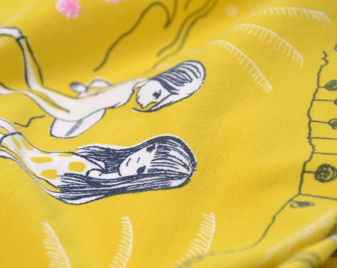 Children's jersey in yellow with girls and flowers made of organic cotton - 150 cm wide - matt fabric, patterned